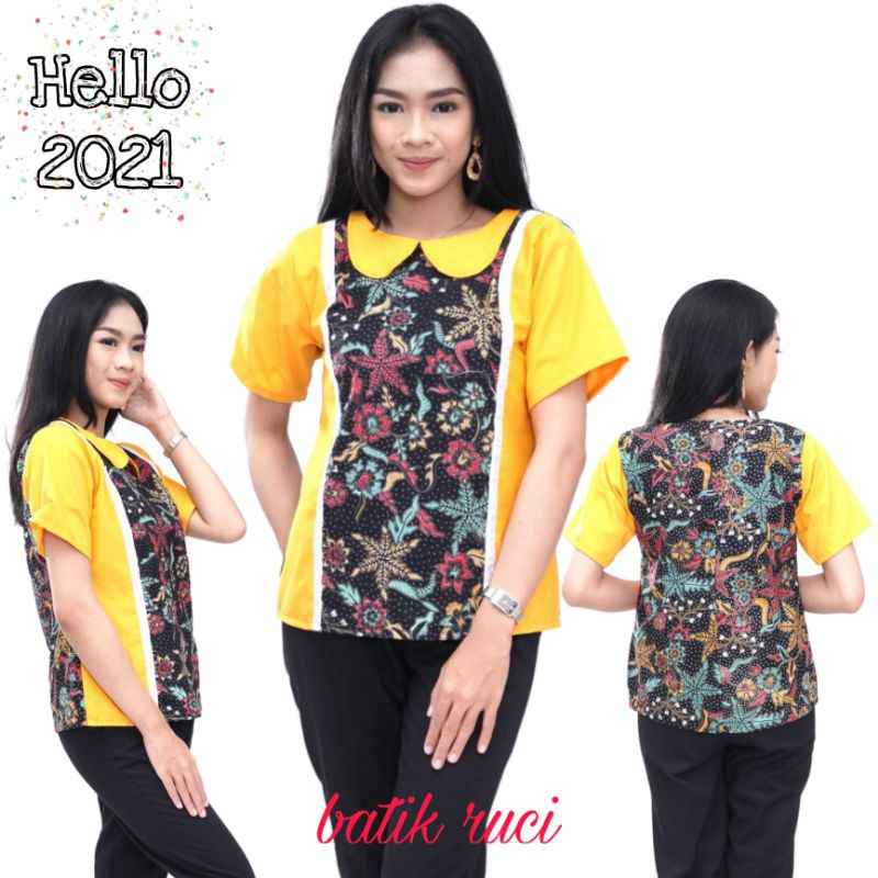 Blouse Atasan Wanita Kombinasi Batik Warna KUNING LENGAN PENDEK BY Batik ruci