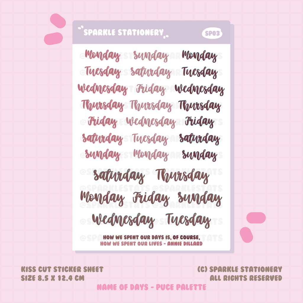 

SP03 Name of Days Puce Palette | Sparkle Stationery Planner Sticker Bullet Journal