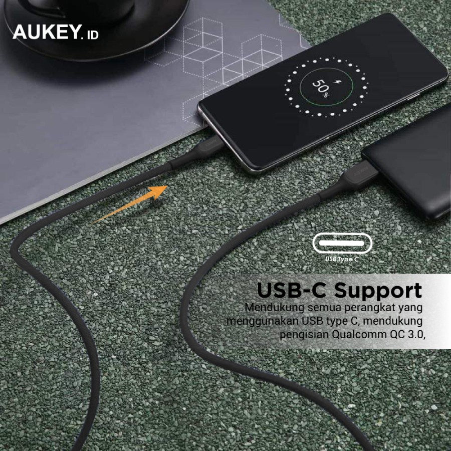 Aukey Cable CB-AKC2 USB A To C QC 2.0 Kevlar Cable 2M Black - 500414