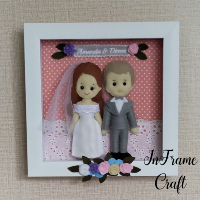 Kado pernikahan hiasan dinding wall decor - boneka flanel frame - Happy Wedding