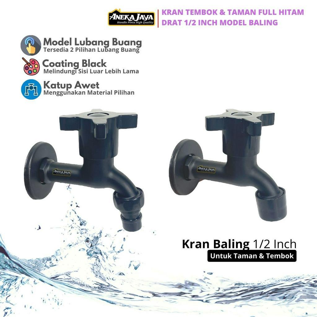 Kran Hitam Taman Tembok Drat 1/2 Inch Engkol Baling - Keran Air Mesin Cuci Kamar Mandi