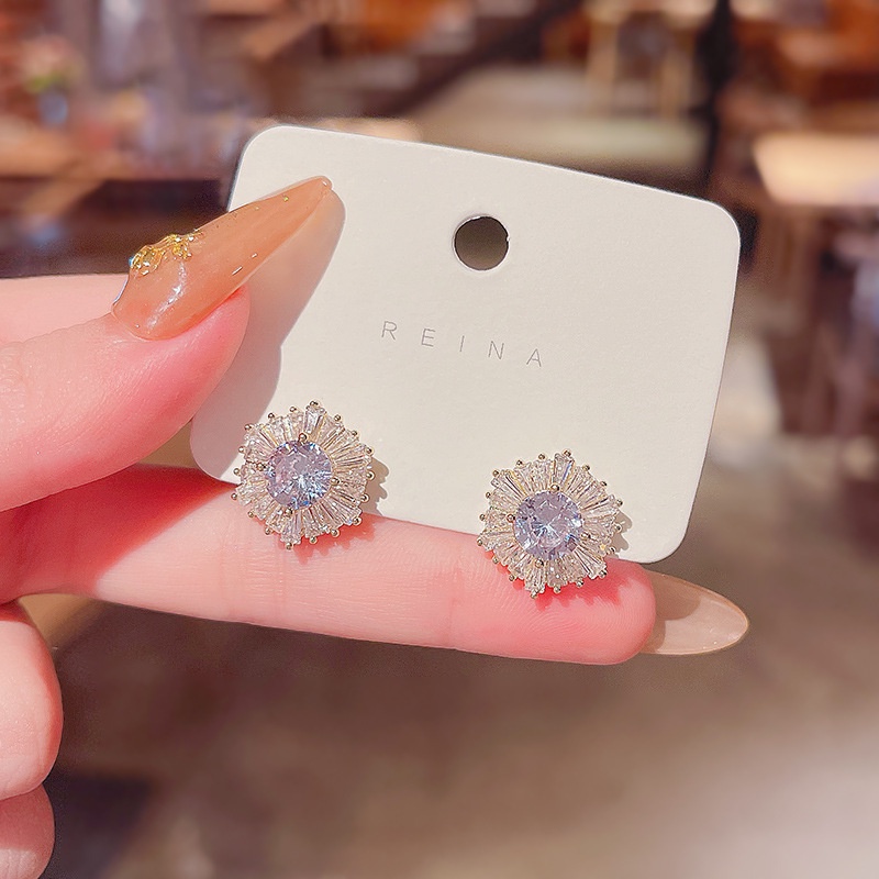 Shuling Top Quality 925 silver needle Super Cute Flower Zircon Stud Earrings Micro-inlaid Circle Earrings Female Diamond Earrings