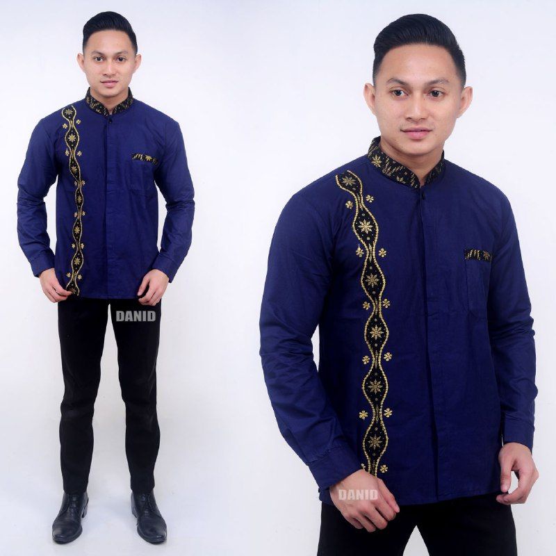 Baju Koko Muslim Pria Terbaru 2022 Baju Koko Bordir Kombinasi Batik Lengan Panjang Kemeja Koko JL002 ANS