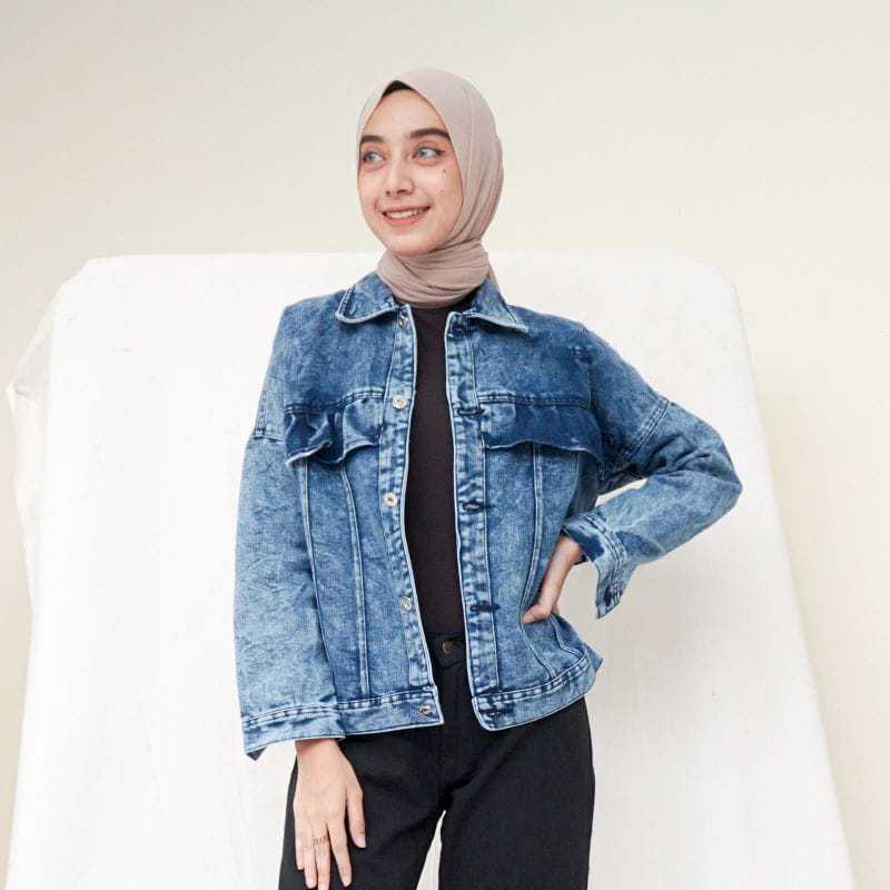 Jaket Jeans Oversize LD 110 - 150 // Jaket Jumbo Saku Wanita Sandwash Denim Premium-RUMI SW BIRU LD120