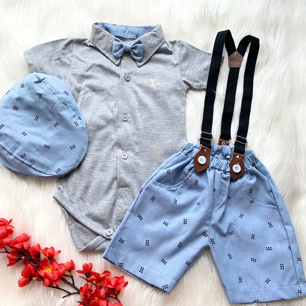 Setelan jumper celana suspender topi dasi motif bintik fashion anak bayi cowok laki baby boy -baw-GREY, BINTIK