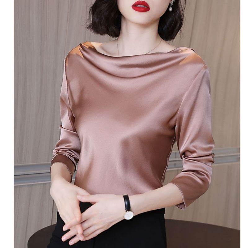 MDLV ~ 4910 Penelova Long Sleeve Cowl Neck Top Women Satin Top Premium Blouse Satin Lengan Panjang Blouse Satin Premium Blouse Satin Import Atasan Satin Lengan Panjang Fashion Import