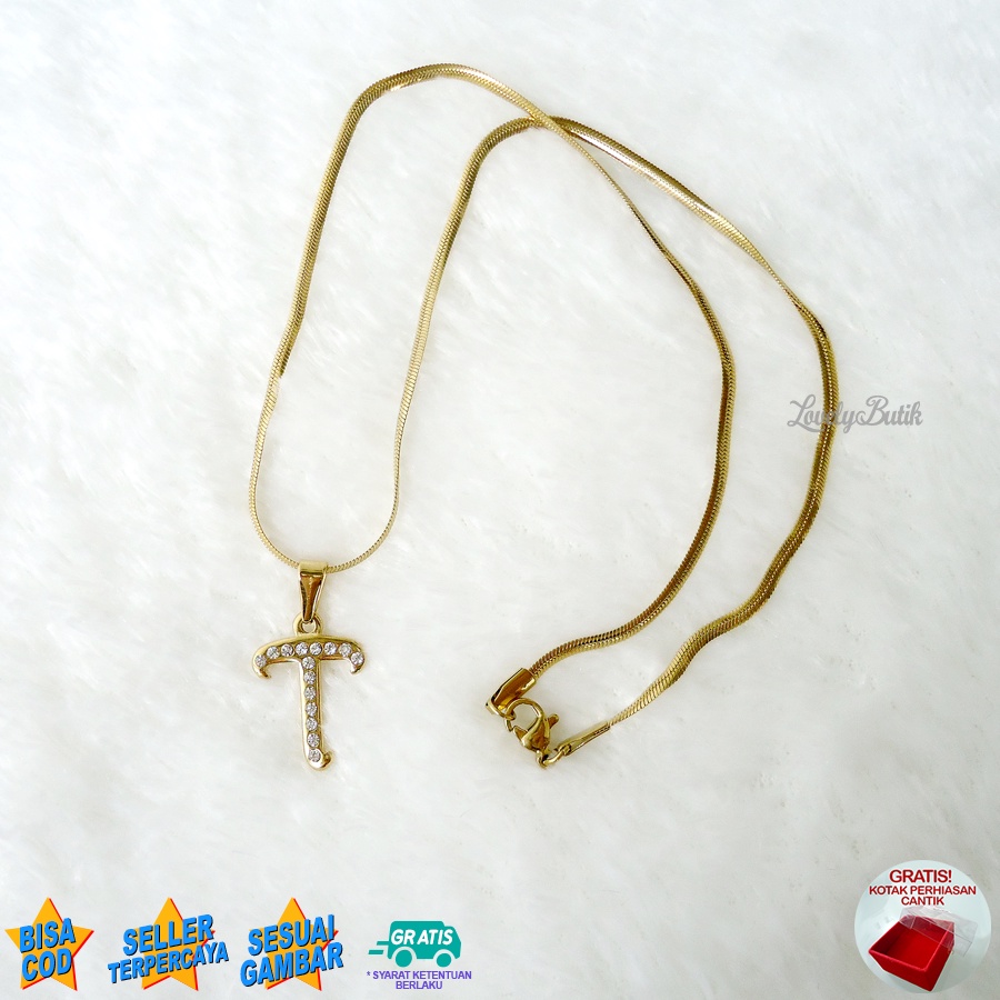 Lovelybutik Honey Kalung Huruf  Abjad Titanium Anti Karat Inisial T Uk 45 cm BONUS KOTAK PERHIASAN