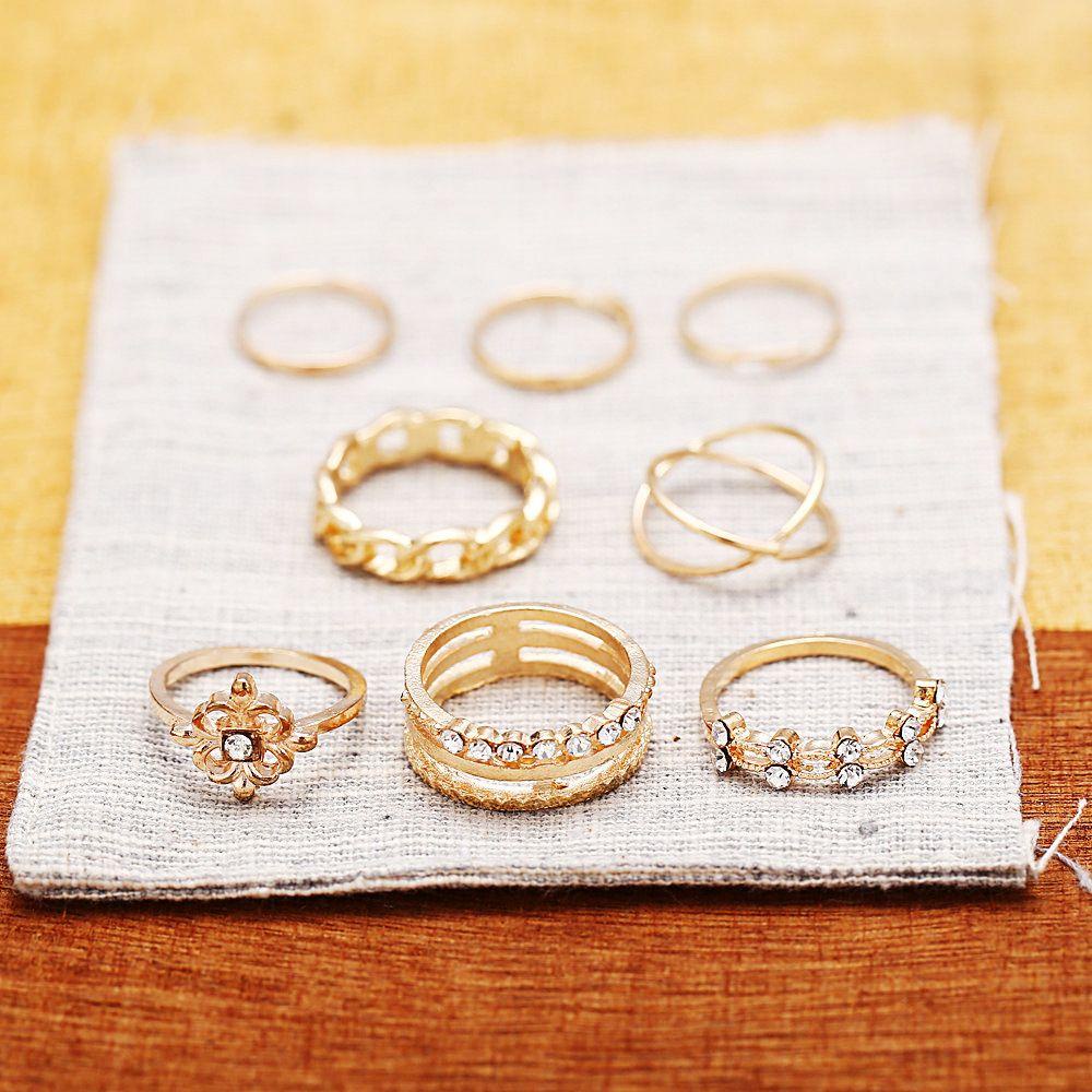 Preva 8pcs/set Cincin Wanita Perhiasan Wanita Finger Rings Kristal Vintage