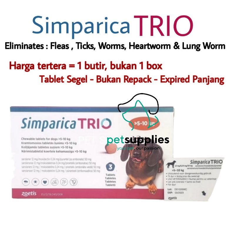 Obat Kutu Anjing SIMPARICA TRIO ukuran S 5-10 kg Harga 1 butir