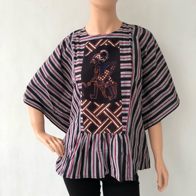 Baju blouse atasan lengan pendek batik cap lurik katun primis wanita murah
