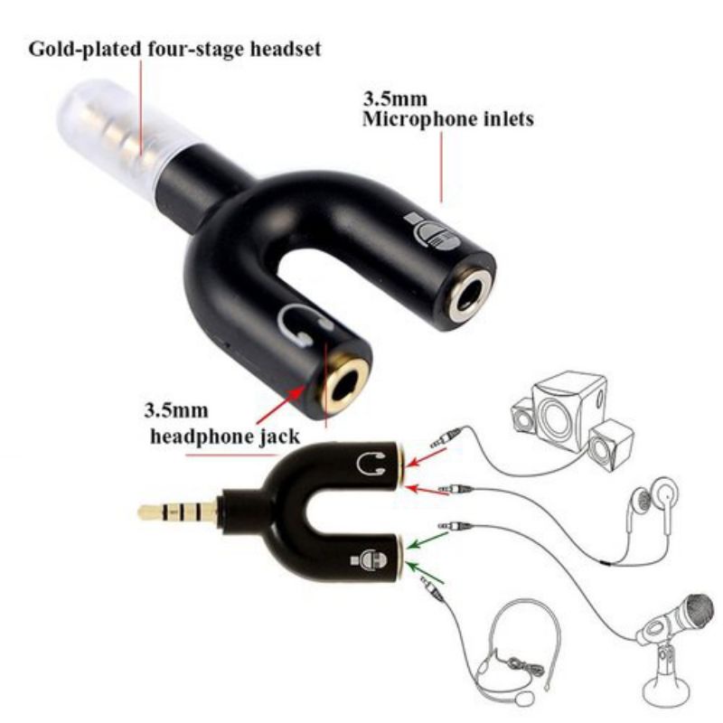 Audio Splitter U Shape 2in1 Jack 3.5mm to Dual Female Headset + Mic 2 Lubang Colokan Microphone hp