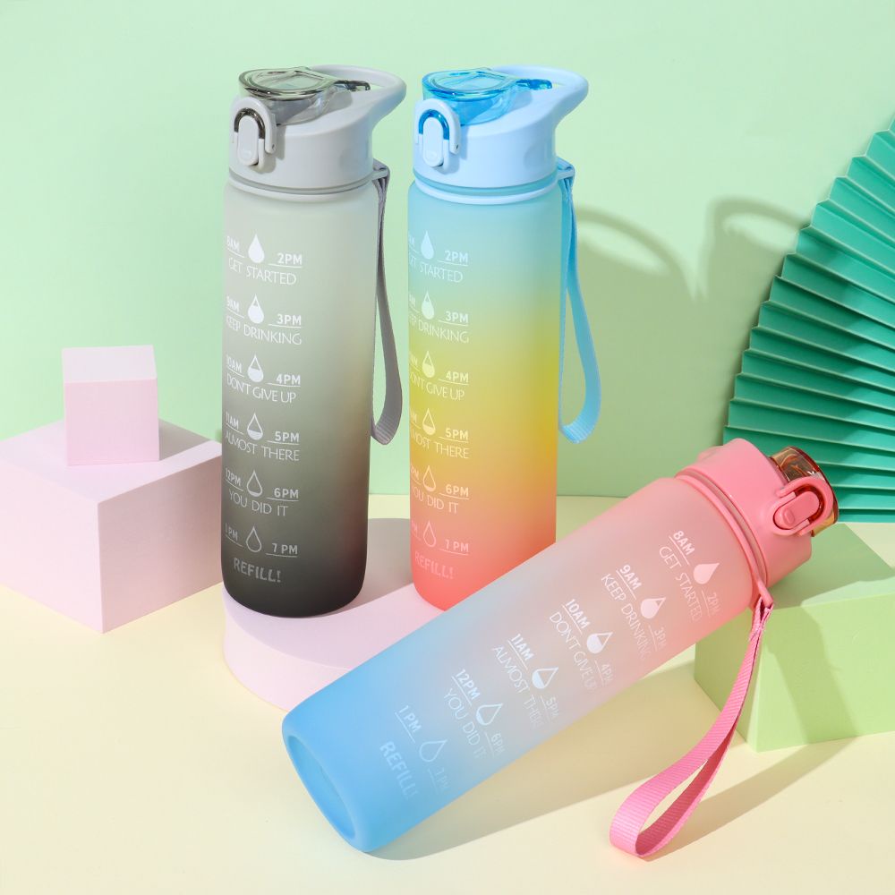 Botol Air Minum Portable 1000ml Warna Gradasi Pelangi Anti Bocor Dengan Sedotan Untuk Travel