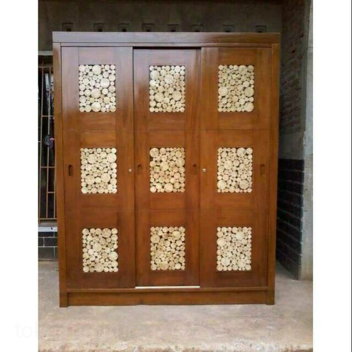Lemari jati minimalis 3 pintu geser kombinasi koin