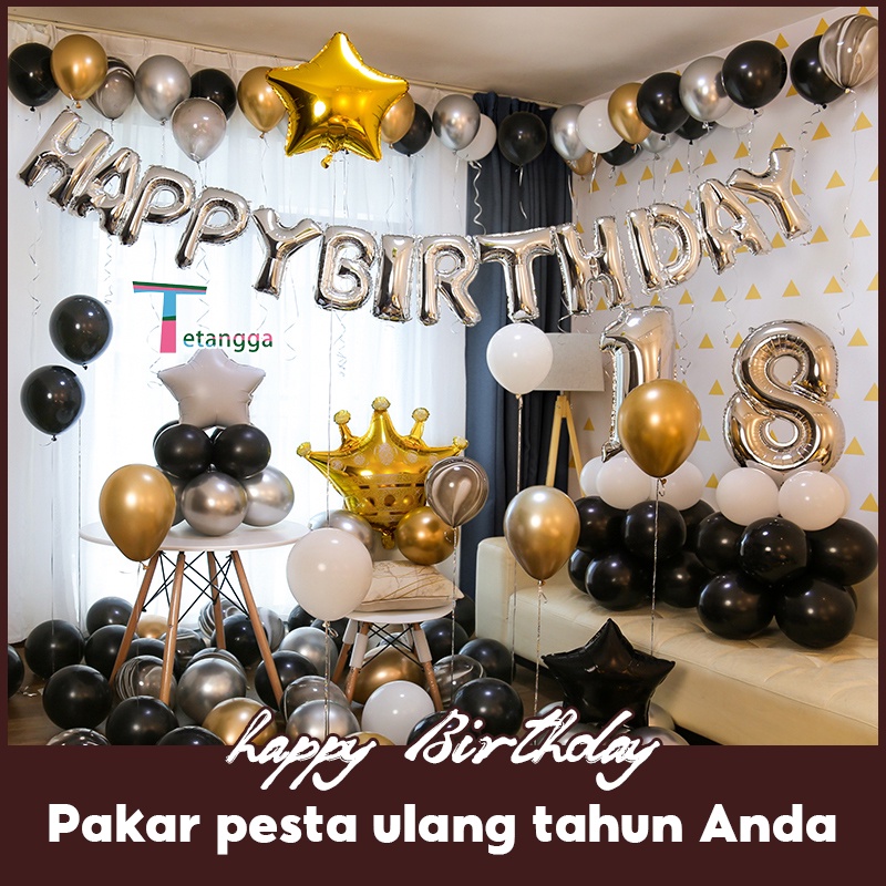 Paket balon Dekorasi Ulang Tahun Romantis Theme Birthday Putih Backdrop Ulangtahun / Hitam Putih Gold