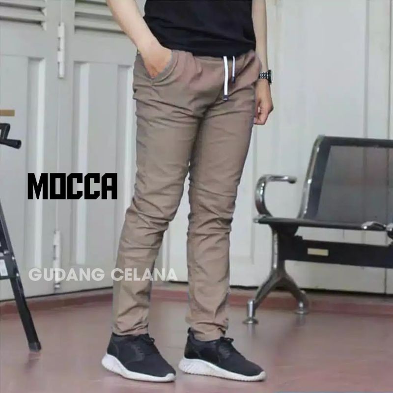 Celana chinos panjang rip pinggang karet polos pria premium quality