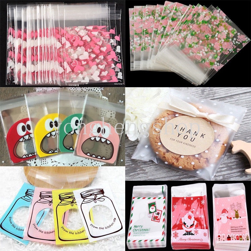 100 Pcs Kantong Kemasan Biskuit / Permen / Kue Kering Dengan Perekat Untuk Dekorasi Pesta Pernikahan / Natal