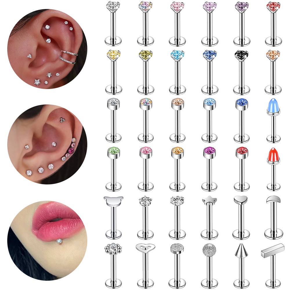 10-30Pcs/lot Stainless Steel Labret Piercing Color Crystal Lip Studs Cartilage Tragus Earrings Acrylic Helix Piercings Body Jewelry