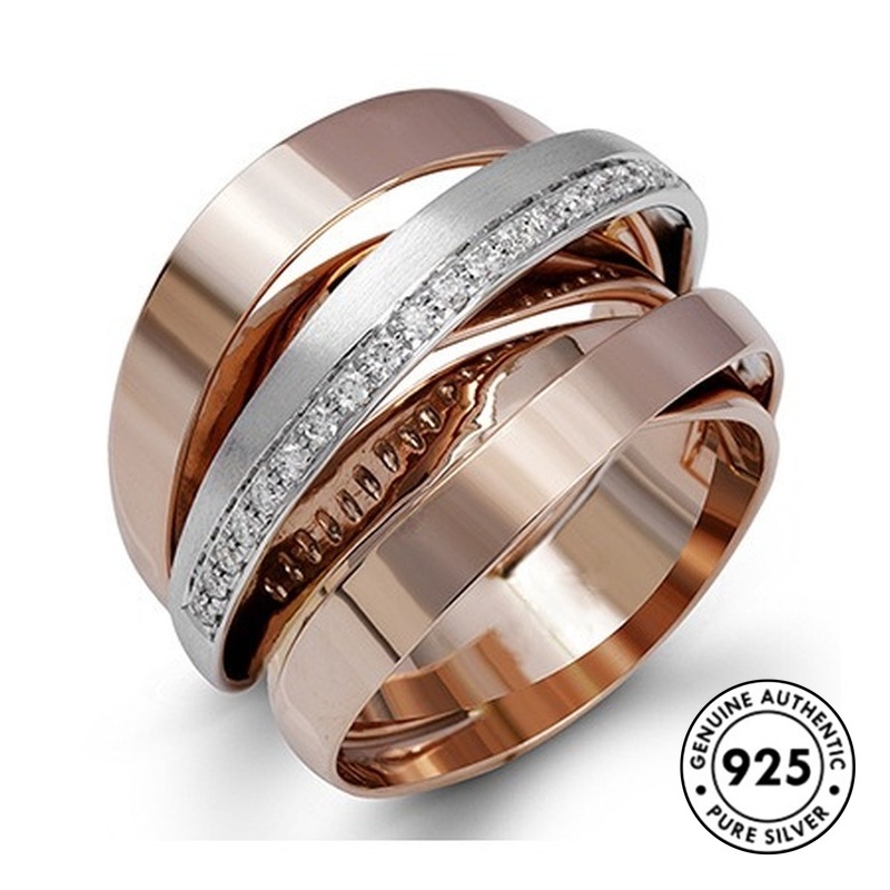 Cincin Berlian Multilayer Bahan S925 Silver Warna Rose Gold