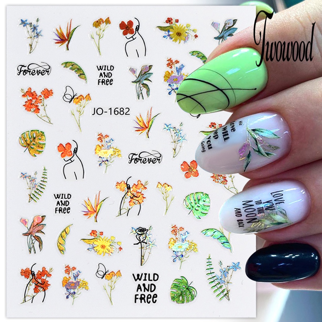 Twowood Stiker Kuku Tahan Air Motif Bunga Untuk Nail Art DIY