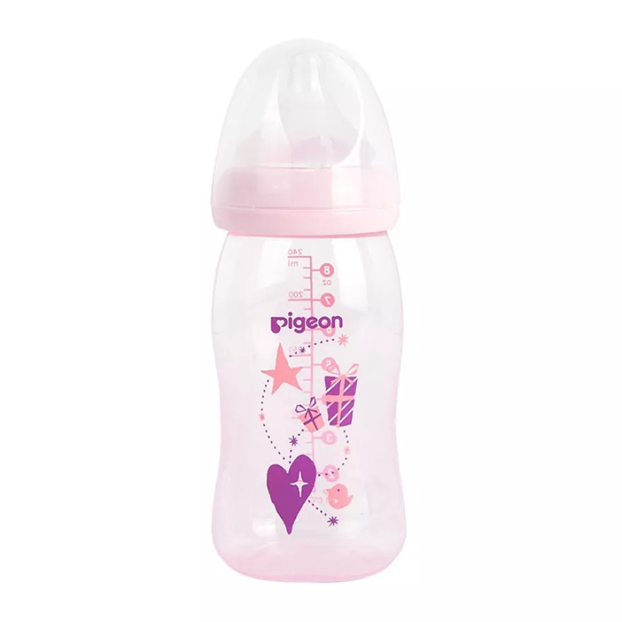 Pigeon Botol Susu SofTouch Peristaltic Plus PP Clear Wide Neck Bottle 3+ Bulan Pink 240ml