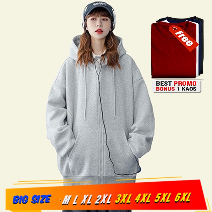 Jaket wanita Korean hoodie Zipper sweater Grey jaket polos big size M L XL XXL XXXL XXXXL XXXXXL