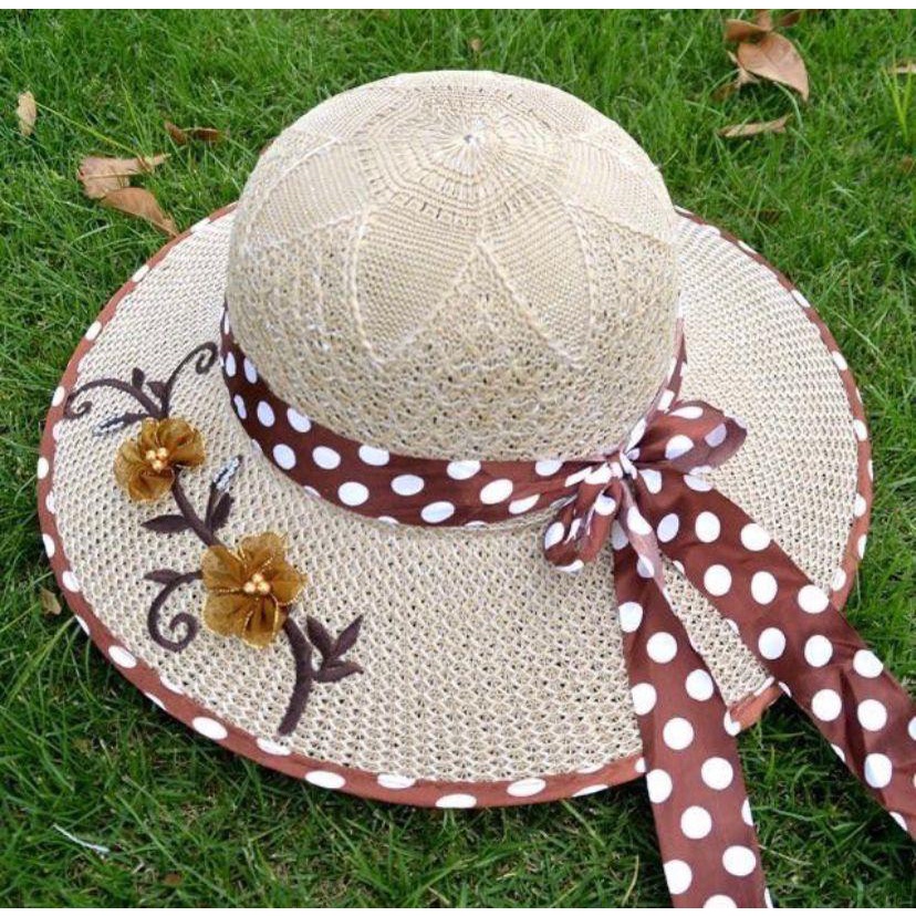 NEW Topi Pantai Bunga Vintage Pita Polkadot Lagi Trendy