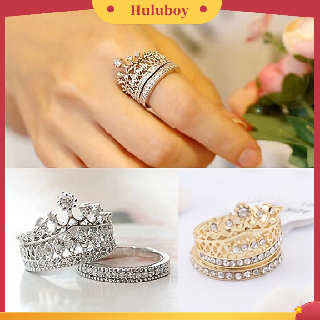 Hu Hu Hu Hu Hu Alat Bantu Pasang Kacamata♡ 2pcs / Set Cincin Wanita Bentuk Mahkota Aksen Berlian Imitasi Bahan Alloy Untuk Pernikahan