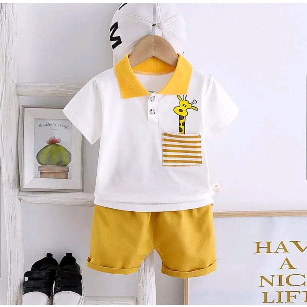 setelan polo kerah anak motif kantung jerapah size 1-5 tahun bahan katun/ setelan polo kerah anak laki laki/ setelan polo kerah anak cewe/ setelan polo kerah anak cowo/ polo jerapah anak laki laki setelan terbaru anak