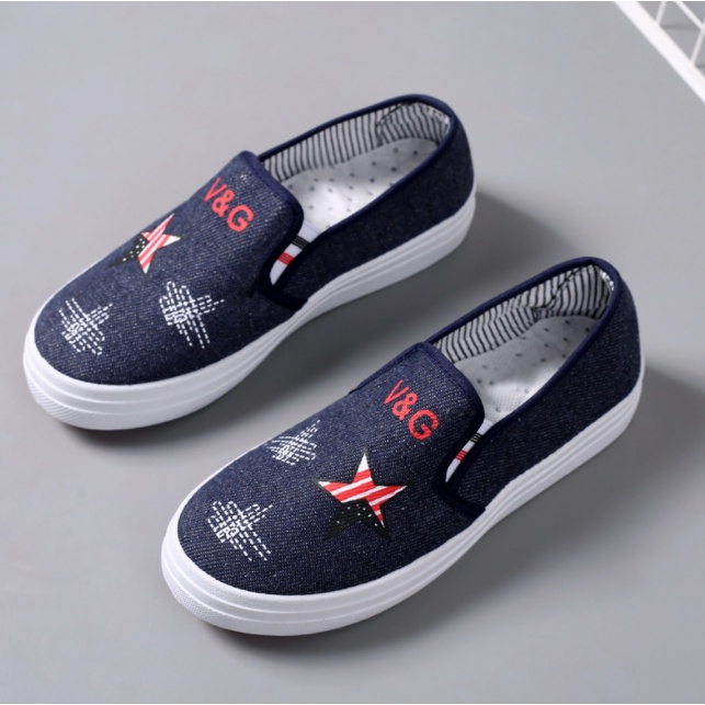 Sepatu Wanita Cewek Comfort Canvas Jean Star Women Flat Shoes SP020-VG Dark Blue