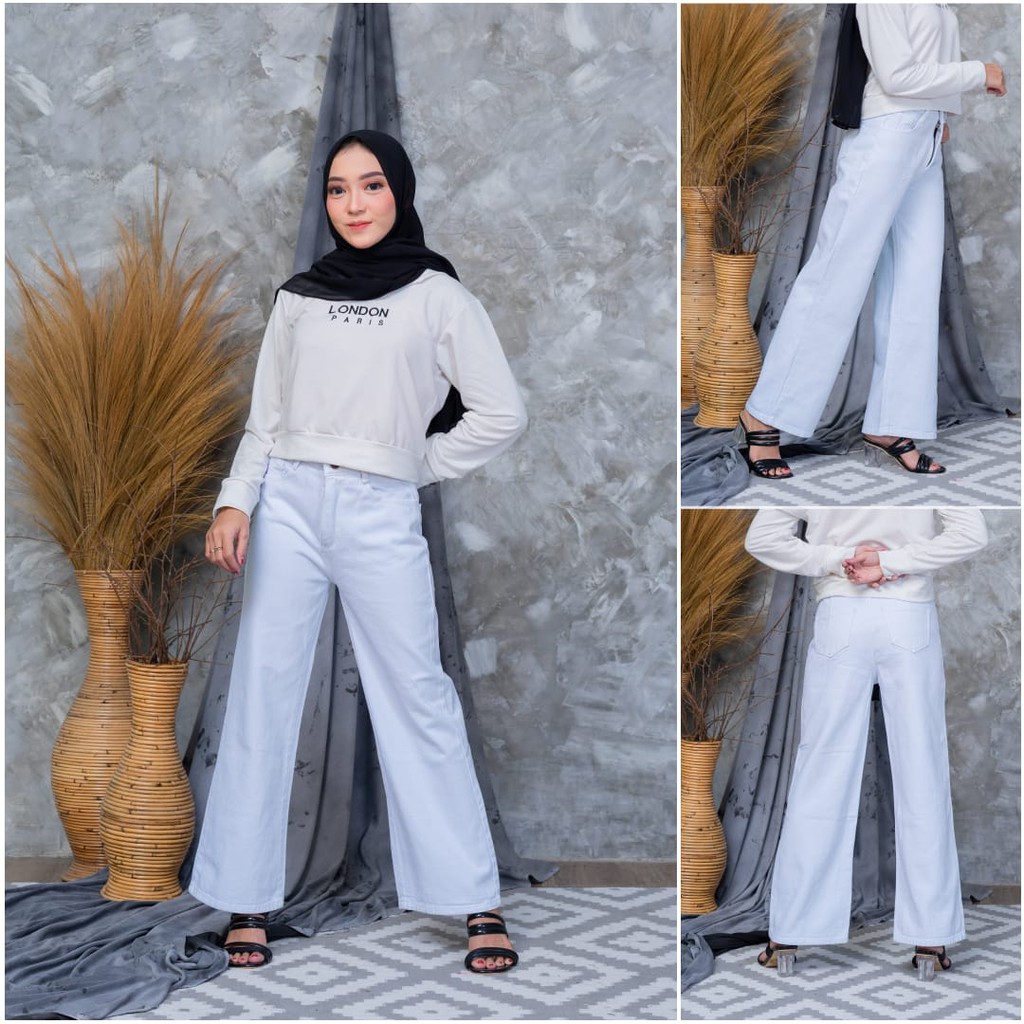 YAOSHI STORE - Celana Highwaist Kulot Jeans Wanita - Boyfriend Kulot Polos Basic Standar