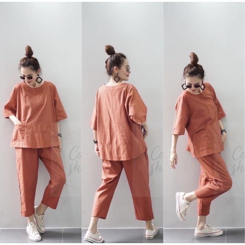 Alana One Set Linen Setelan Wanita Linen Atasan dan Celana