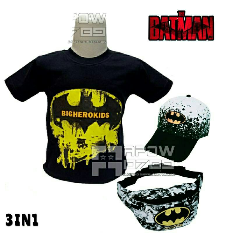 paket murah 3in1 baju kaos anak laki laki tas selempang anak topi anak motif batman usia 1-10 tahun waistbag anak kaos anak