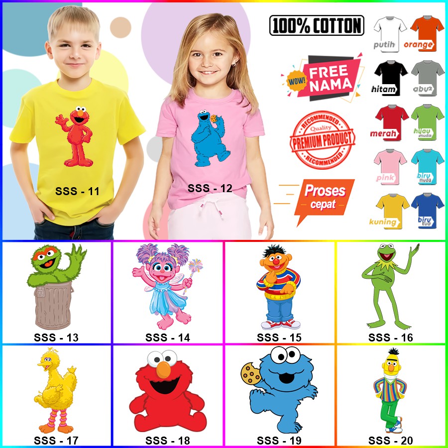 Baju Kaos ANAK DAN DEWASA SESAME STREET ELMO COUPLE (FREE NAMA)