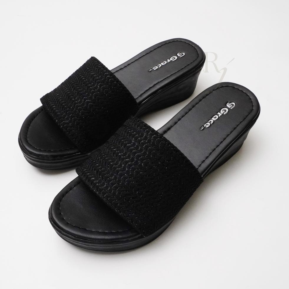 GRACE [AKASIA SELOP] Sandal Wedges Rajut Selop Wanita/ Sandal Hak Tebal/ Sendal Hak Selop Kokop Raju