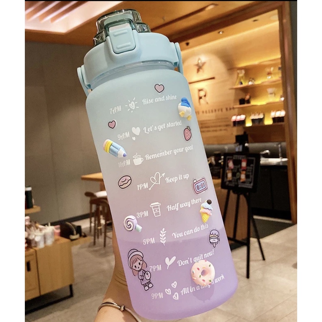 Botol Minum 2 Liter 2000ML VIRAL 2L Korea Penanda Waktu Lucu Unik Warna Gradasi WITH STIKER 3D