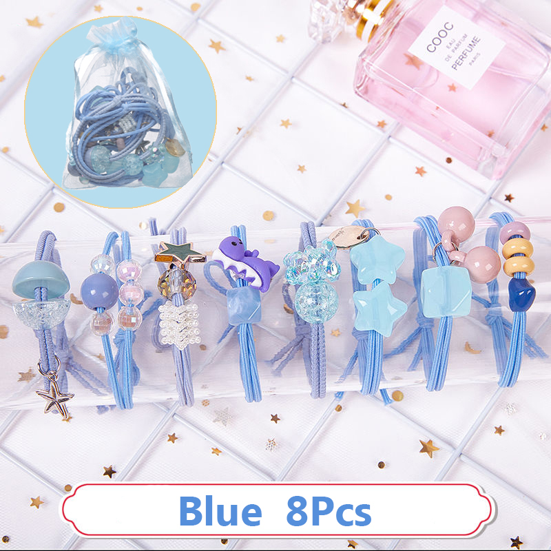 17km 8pcs / Set Ikat Rambut Karet Elastis Motif Kartun Aksen Kristal Untuk Aksesoris Anak Perempuan-3