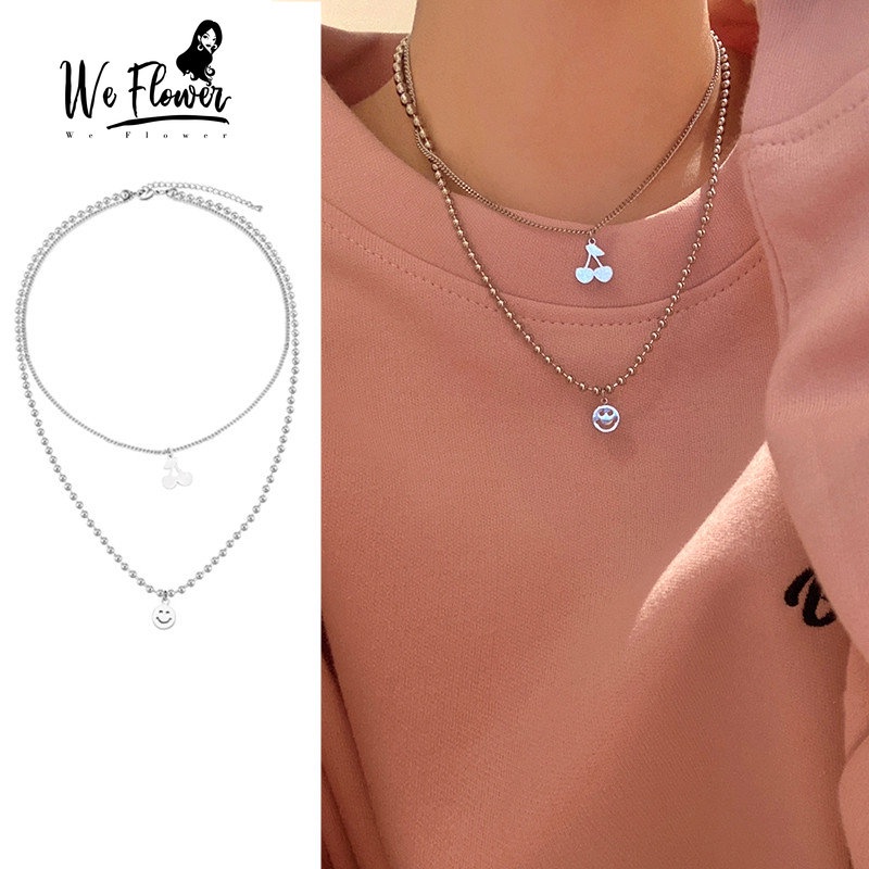 We Flower 1PC Kalung Rantai Manik-Manik Liontin Cherry Smiley Face Bahan Stainless Steel Gaya Korea Untuk Wanita