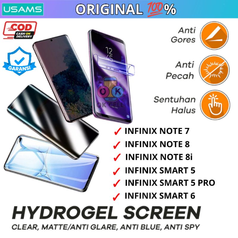 USAMS Hydrogel Anti Gores Blue Light Matte Glare Spy Infinix Note 7 8 8i Smart 5 6 Pro Full Layar