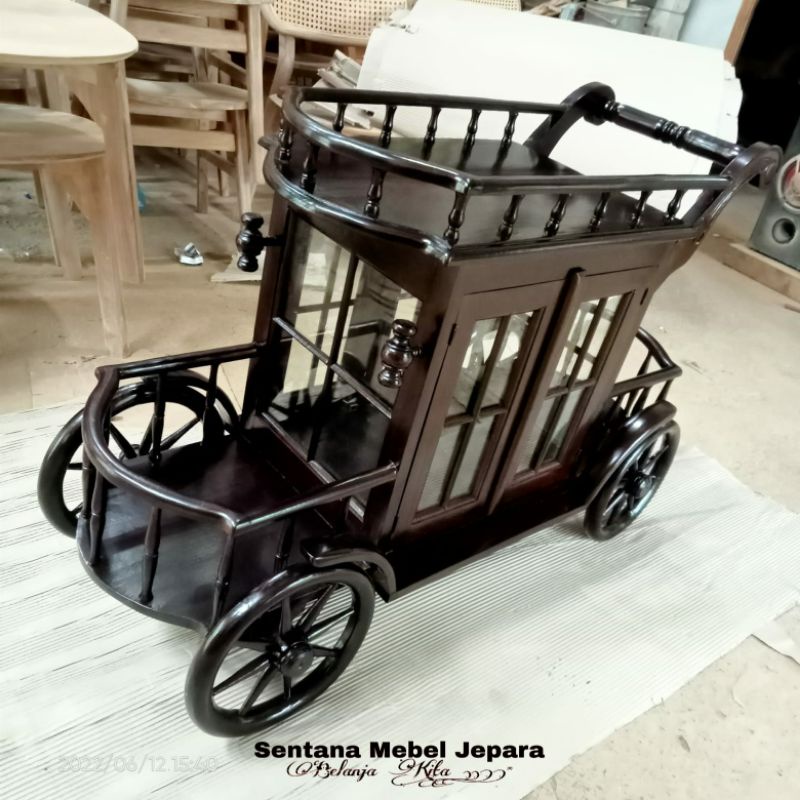 Troli Dorong Kayu Jati, Troli Dorong Restoran, Troli Makanan Kayu Jati, Troli Minumann Minimalis, Tr