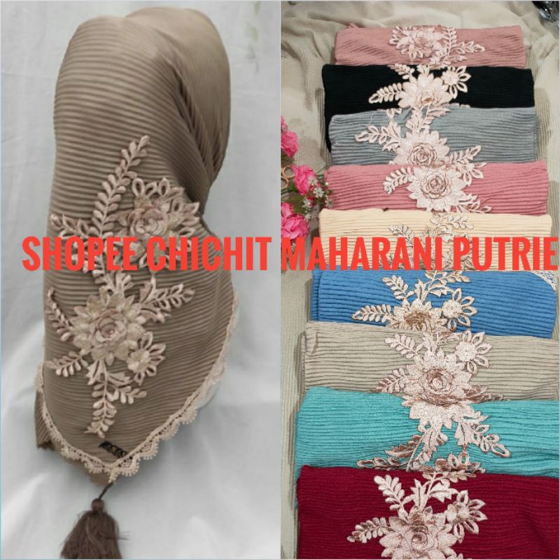 segi empat plisket bordir/segi empat plisket motif bordir/jilbab segi empat plisket renda/jilbab pli