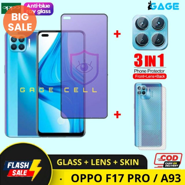 COD PAKET 3 IN 1 TEMPERED GLASS ANTI RADIASI BLUE LIGHT OPPO F17 PRO A93 FULL LAYAR SCREEN GUARD