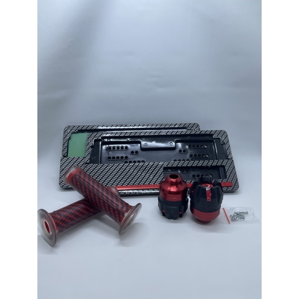 Handgrip Karbon + Jalu As Roda Depan + Cover Plat Karbon List Merah Universal