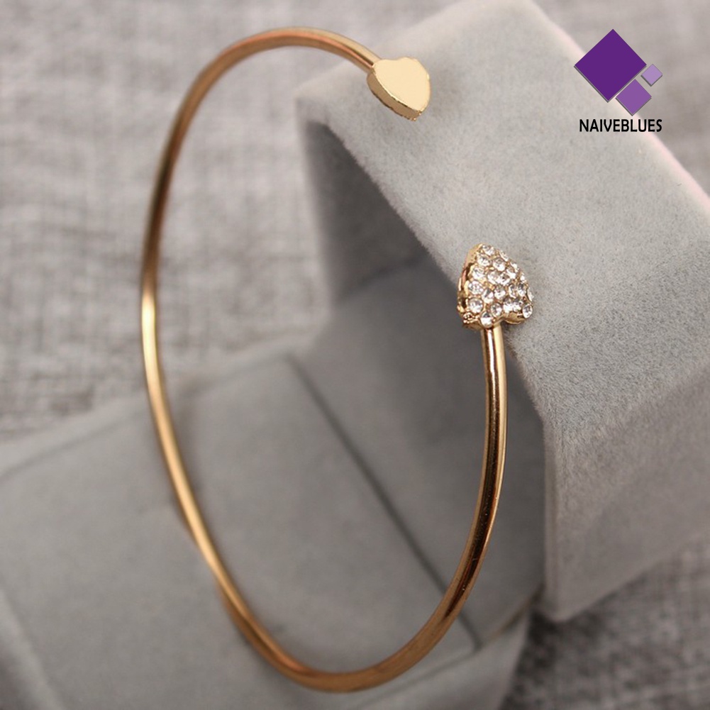 Naiveblue &gt; Gelang Tangan Cuff Motif Hati Ganda Aksen Berlian Imitasi Untuk Perhiasan Wanita / Hadiah