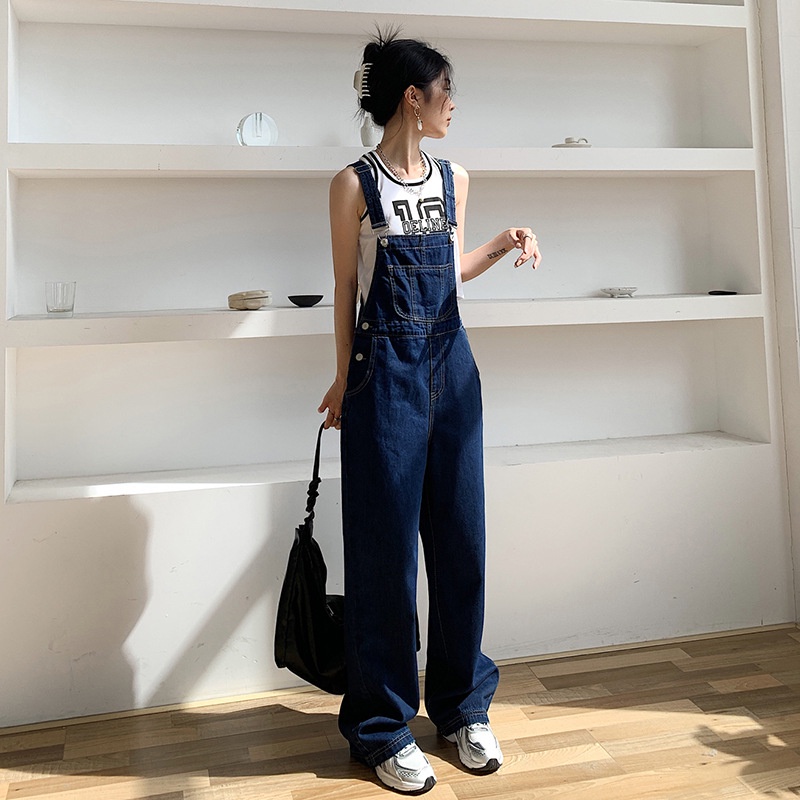 Jumpsuit Celana Lebar Kaki Overall denim panjang Tali Ikat Celana Wanita Tinggi Pinggang Longgar dan Melangsingkan Denim Suspender Celana Wanita