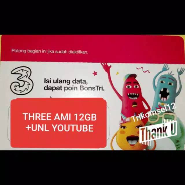 Voucher Tri Three 3 AMI 12GB UNLIMITED 30 Hari