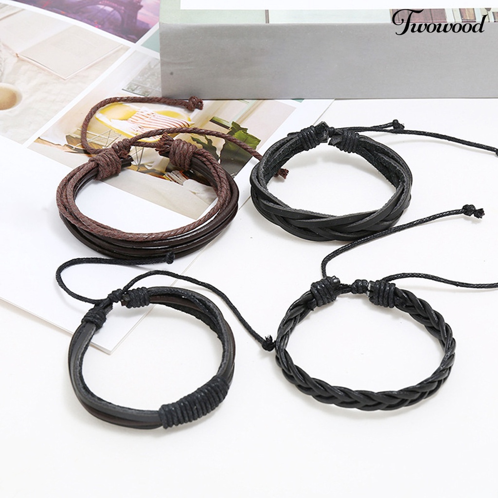 4pcs / Set Gelang Tali Multilayer Adjustable Handmade Bahan Kulit Imitasi Untuk Unisex