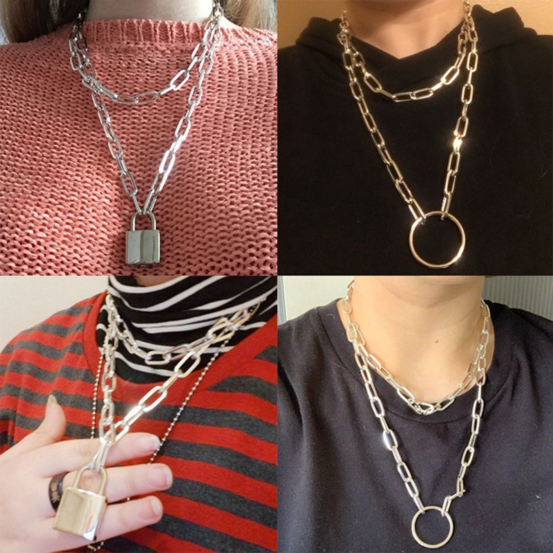 Double Layer Lock Chain Necklace Punk Chain Pendant Necklace