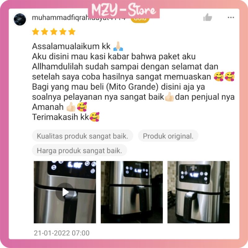 Mito Grande AF10 Air Fryer Digifry AF 10 Touch Screen Low Watt Air Prayer Alat Penggorengan Masak Tanpa Minyak Kapasitas 6 Liter - Original Garansi Resmi (FREE Food Tong)