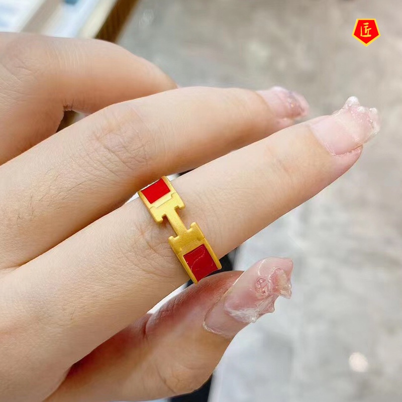 [Ready Stock]Fashion Personality 3D Gold Enamel Letter H Ring