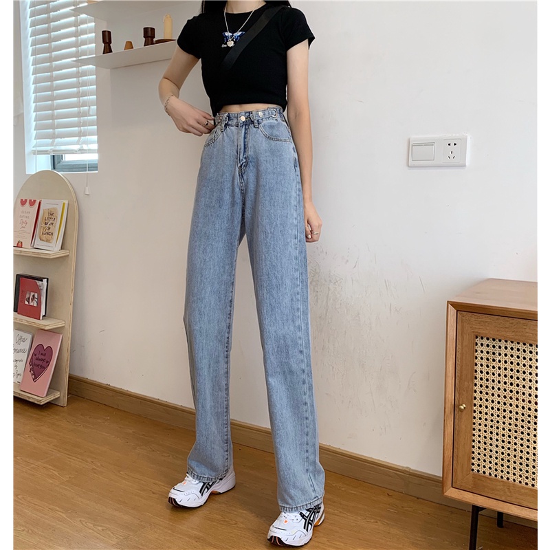 Celana jeans wanita loose high waist straight denim pants